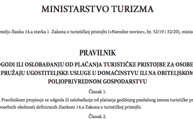 PRAVILNIK O ODGODI ILI OSLOBAĐANJU OD PLAĆANJA TURISTIČKE PRISTOJBE